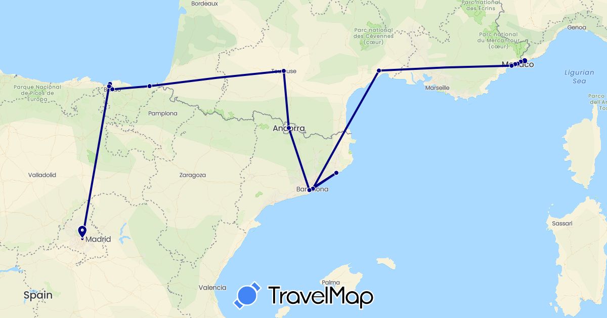 TravelMap itinerary: driving in Andorra, Spain, France, Italy, Monaco (Europe)